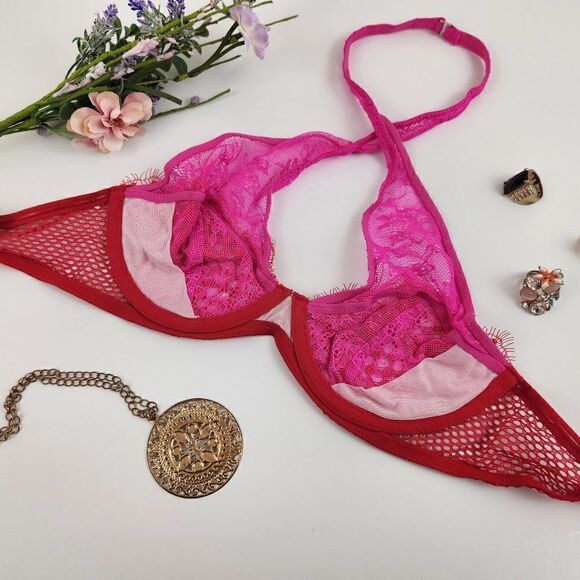 32C {Victoria's Secret} Red Pink Lace Halter Bra - Picture 4 of 5